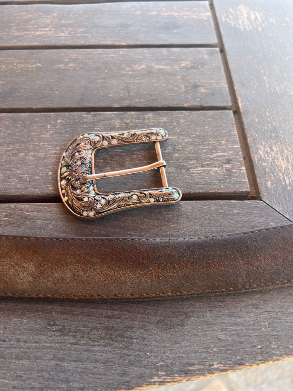 Justin Tooled Leather Western Belt Sz L / 34 Removable Rhinestone Scroll Buckle - Picture 11 of 14